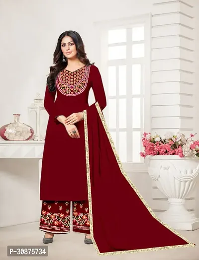 Beautiful Rayon Maroon Embroidered Kurta Palazzo And Dupatta Set For Women-thumb0