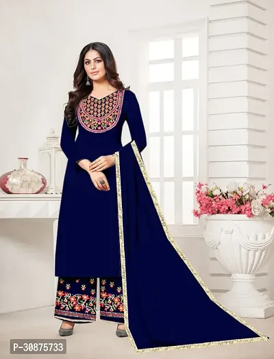 Beautiful Rayon Blue Embroidered Kurta Palazzo And Dupatta Set For Women-thumb0