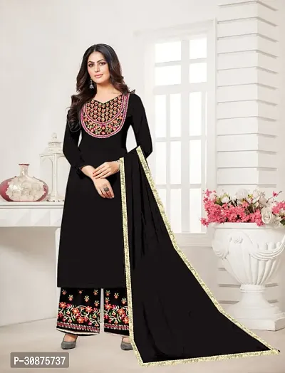 Beautiful Rayon Black Embroidered Kurta Palazzo And Dupatta Set For Women-thumb0