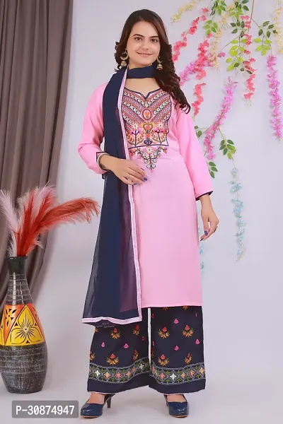 Beautiful Rayon Pink Embroidered Kurta Palazzo And Dupatta Set For Women-thumb0