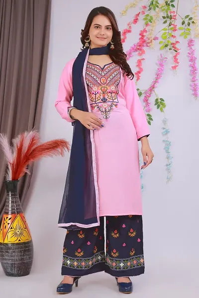 Beautiful Rayon Embroidered Kurta Palazzo And Dupatta Set For Women