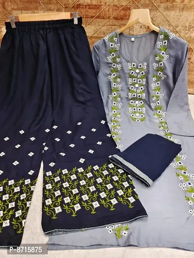 Classic Rayon Embroidered Kurta, Bottom and Dupatta Set for Women-thumb0