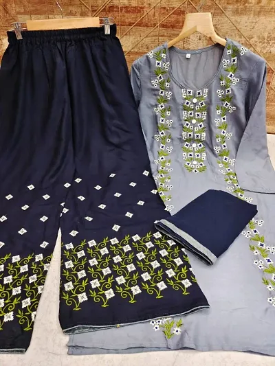 Beautiful Rayon Embroidered Kurta Palazzo And Dupatta Set For Women