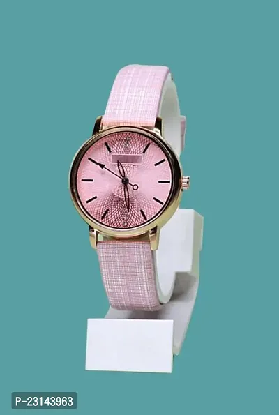 Stylish Pink Synthetic Leather Analog Watches For Women