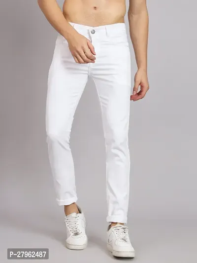 Stylish White Cotton Blend Solid Mid-Rise Jeans For Men-thumb0