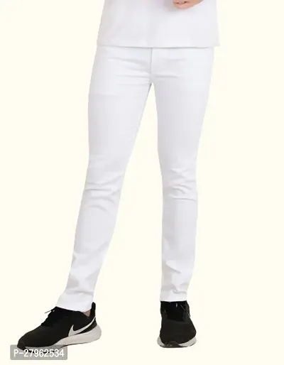 Stylish White Cotton Blend Solid Mid-Rise Jeans For Men-thumb0