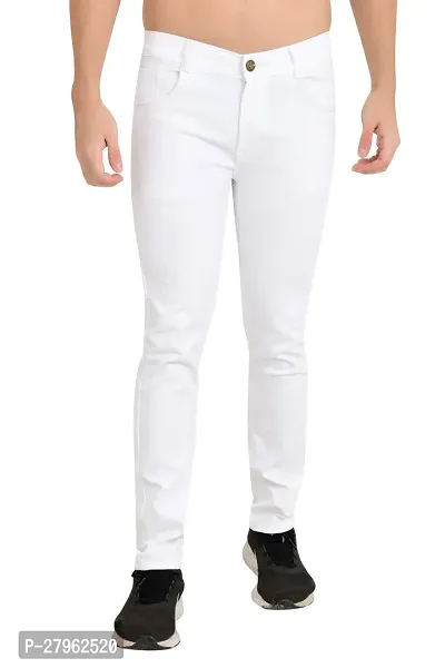 Stylish White Cotton Blend Solid Mid-Rise Jeans For Men-thumb0