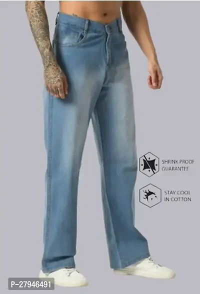 Stylish Regular Baggy Sky Blue Plain Jeans For Men