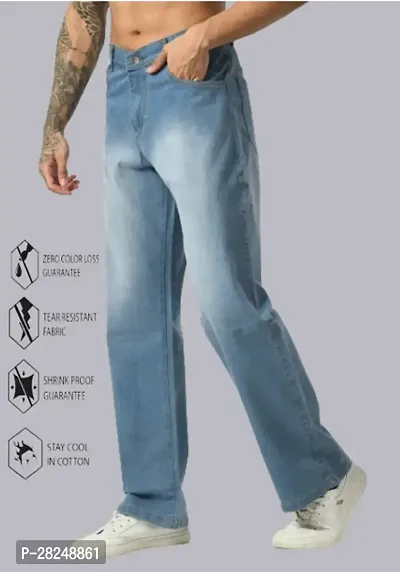 Stylish Cotton Blend Baggy Sky Blue Jeans For Men-thumb0