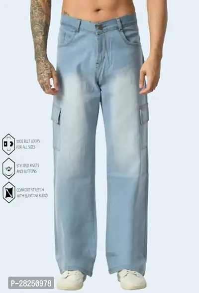 Stylish Cotton Blend Sky Blue Baggy Cargo Jeans For Men