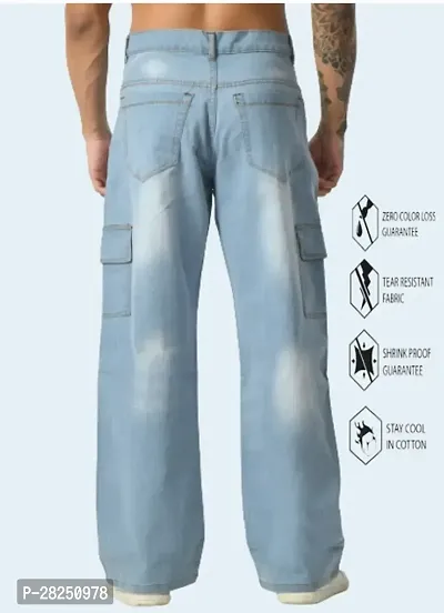 Stylish Cotton Blend Sky Blue Baggy Cargo Jeans For Men-thumb3