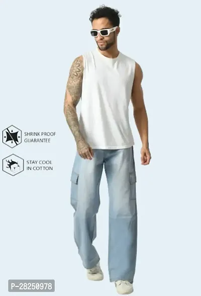 Stylish Cotton Blend Sky Blue Baggy Cargo Jeans For Men-thumb4