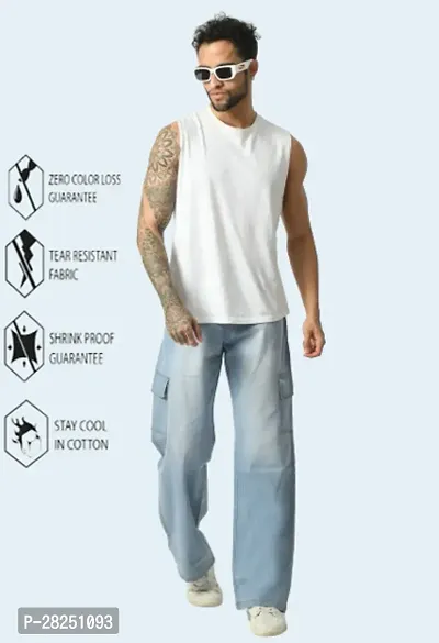 Stylish Cotton Blend Sky Blue Baggy Cargo Jeans For Men-thumb3