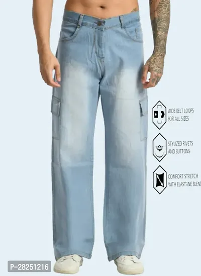 Stylish Cotton Blend Sky Blue Baggy Cargo Jeans For Men