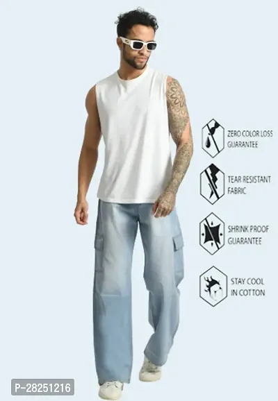 Stylish Cotton Blend Sky Blue Baggy Cargo Jeans For Men-thumb3