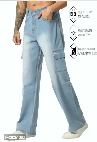 Stylish Cotton Blend Sky Blue Baggy Cargo Jeans For Men-thumb0