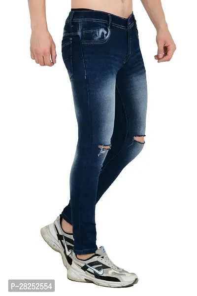 Stylish Cotton Blend Blue Knee Cut Jeans For Men-thumb2