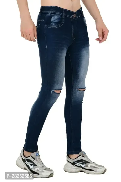 Stylish Cotton Blend Blue Knee Cut Jeans For Men-thumb2