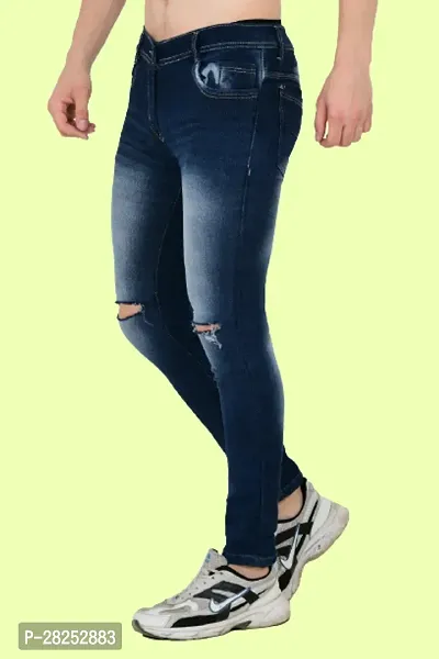 Stylish Cotton Blend Blue Knee Cut Jeans For Men