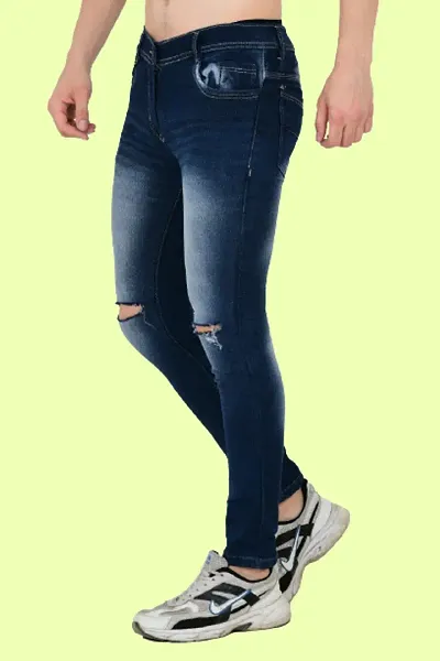 Stylish Cotton Blend Blue Knee Cut Jeans For Men