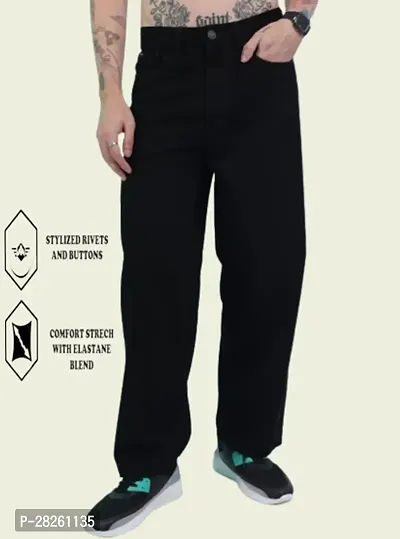 Stylish Cotton Blend Black Baggy Jeans For Men-thumb0