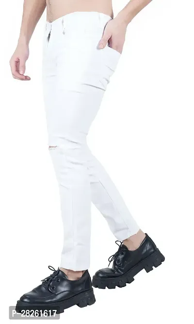 Stylish Cotton Blend White Knee Cut Jeans For Men-thumb0