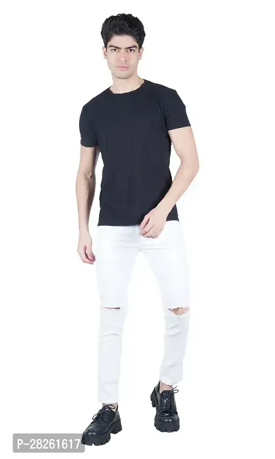 Stylish Cotton Blend White Knee Cut Jeans For Men-thumb3