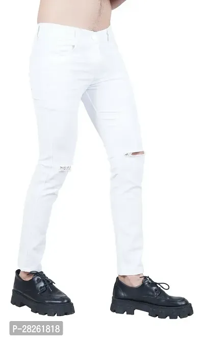 Stylish Cotton Blend White Knee Cut Jeans For Men