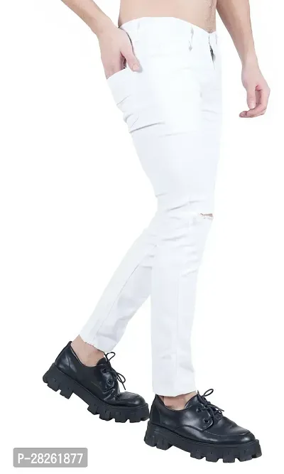 Stylish Cotton Blend White Knee Cut Jeans For Men