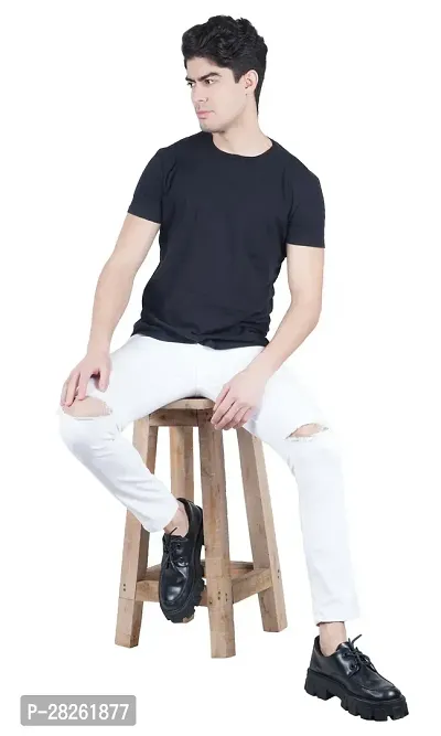 Stylish Cotton Blend White Knee Cut Jeans For Men-thumb3