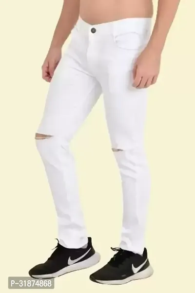 Jeanberry Tapered Fit Denim White Knee Cut Jeans-thumb0