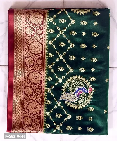 Elegant Green Cotton Embroidered Banarasi Silk Saree with Blouse Piece