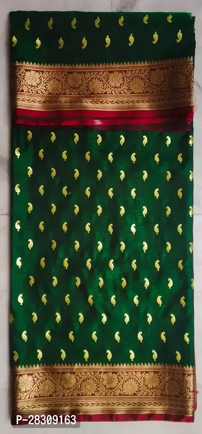 Elegant Green Cotton Embroidered Banarasi Silk Saree with Blouse Piece-thumb4