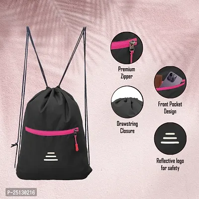 Small 12 L Backpack Drawstring Dori Bag Small Bag Gym Bag for Women  Men With Front Zipper Pocket  (Black, Pink)-thumb2