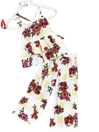 SHOOLIN CREATION Girl's Party Look Digital Printed Rayon Blend Sleeveless Top and Printed Plazzo Pant Set For Kids