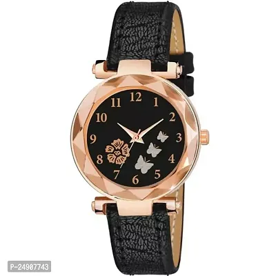 Stylish Black Genuine Leather Analog Watches For Women