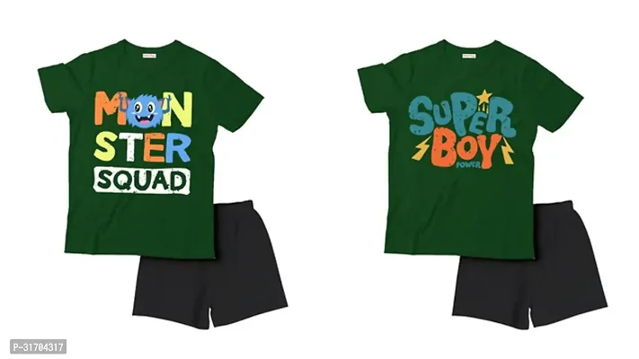 Fabulous Green Cotton Printed T-Shirts with Shorts For Boys Pack Of 2-thumb0