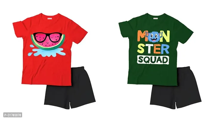 Fabulous Multicoloured Cotton Printed T-Shirts with Shorts For Boys Pack Of 2