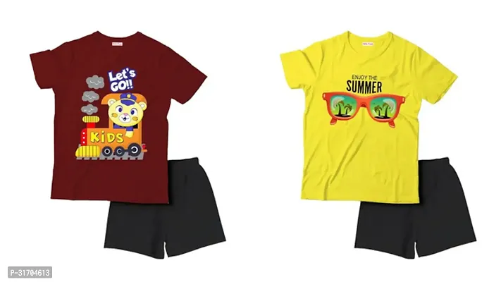 Fabulous Multicoloured Cotton Printed T-Shirts with Shorts For Boys Pack Of 2-thumb0