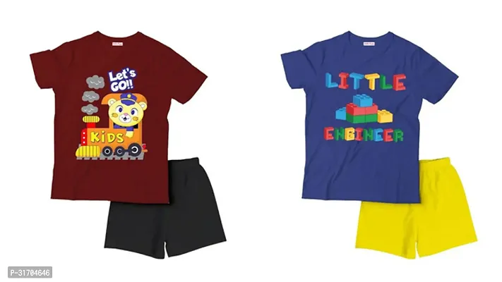 Fabulous Multicoloured Cotton Printed T-Shirts with Shorts For Boys Pack Of 2