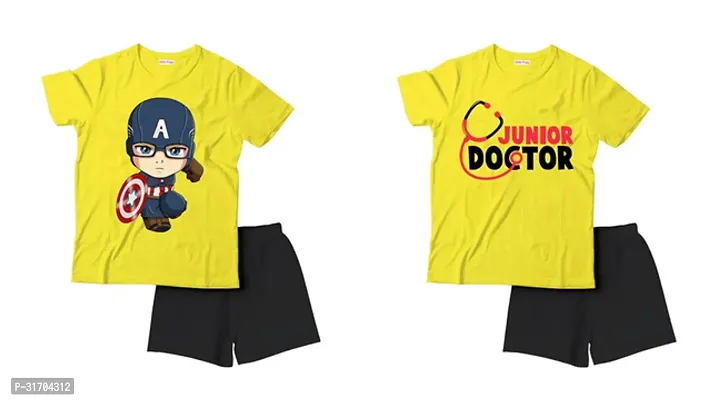 Fabulous Yellow Cotton Printed T-Shirts with Shorts For Boys Pack Of 2