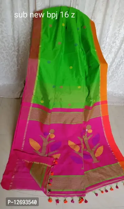 Traditional Green Cotton Silk Bengal Handloom Saree Without Blouse Piece For Women-thumb0