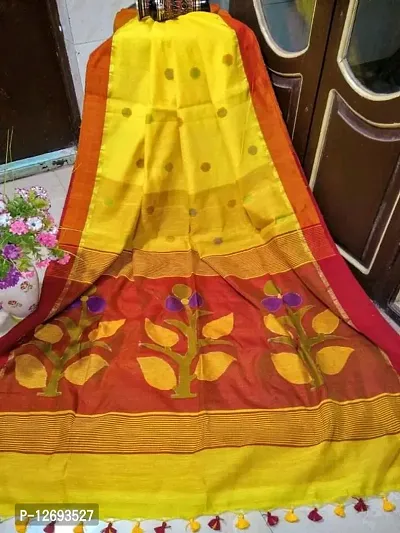 Traditional Yellow Cotton Silk Bengal Handloom Saree Without Blouse Piece For Women