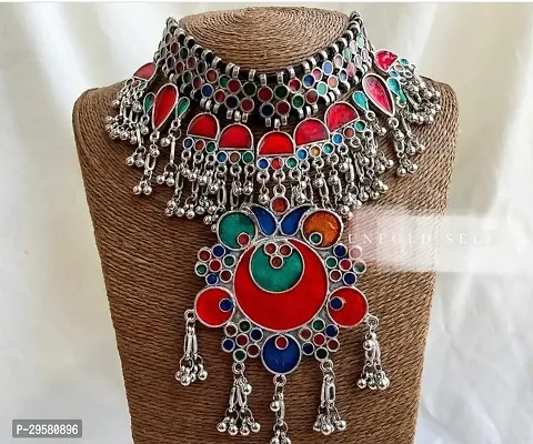 Traditional Meanakari Enamel Ghungroo Fashion S Ilver Oxiidzed Choker Jewellery Set(pack of 1)