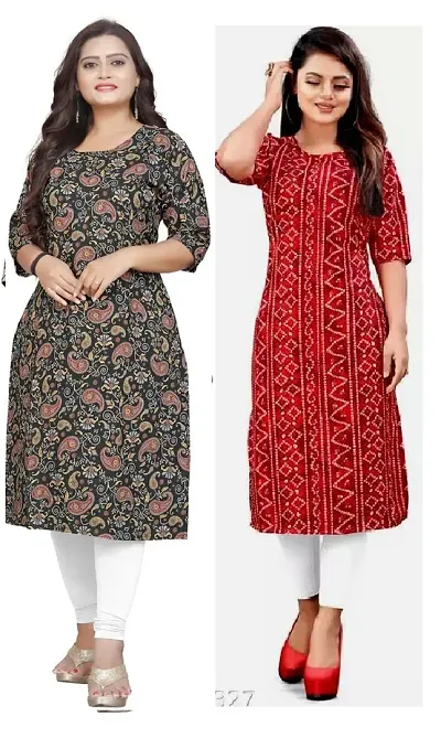 Elegant Multicoloured Stylish Crepe Printed Kurti - Pack of 2