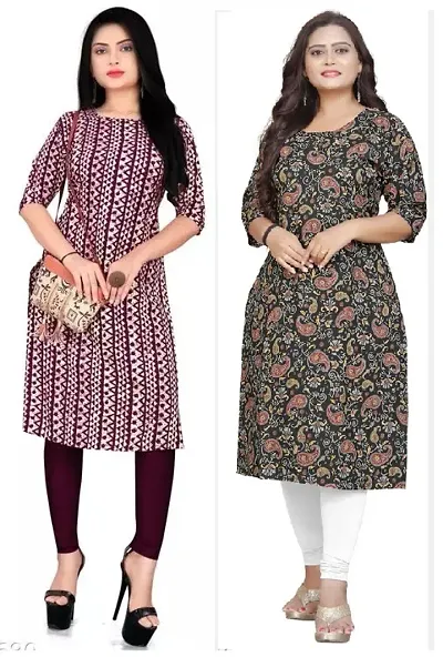 Elegant Multicoloured Stylish Crepe Printed Kurti - Pack of 2