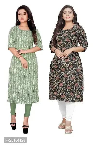 Stylish Crepe Multicoloured Printed Kurta For Women Combo Of 2 Pack-thumb0