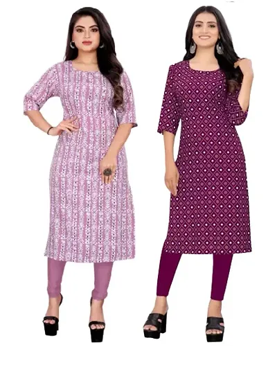 Stylish Multicoloured Crepe Straight Printed Kurti - Pack Of 2