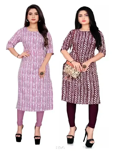 Elegant Multicoloured Stylish Crepe Printed Kurti - Pack of 2