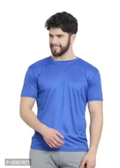 Stylish Blue Polyester Blend Solid Round Neck Tees For Men-thumb0